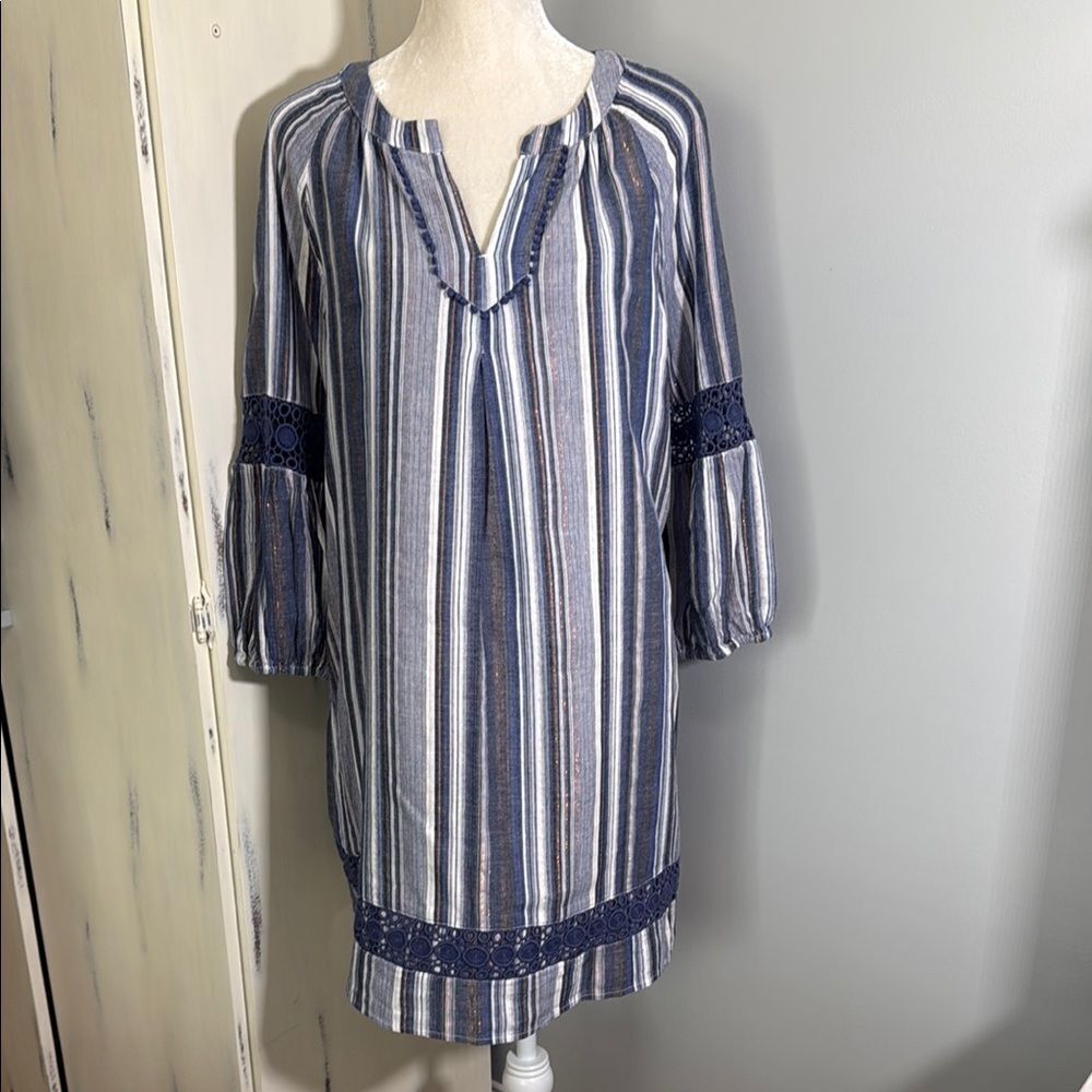 Crown & Ivy Striped Blue, White and metallic copper stripe Tunic Dress. Size L